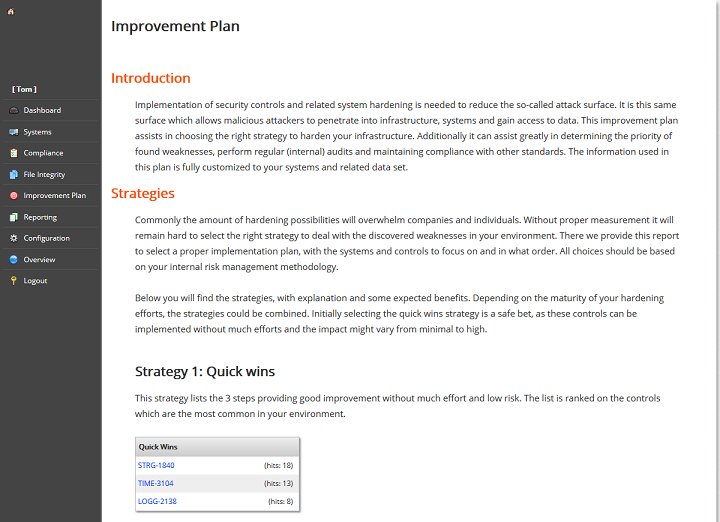 Lynis Enterprise screenshot of improvement plan