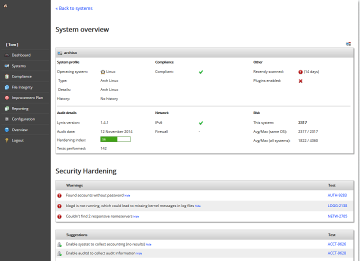Lynis Enterprise screenshot of system details